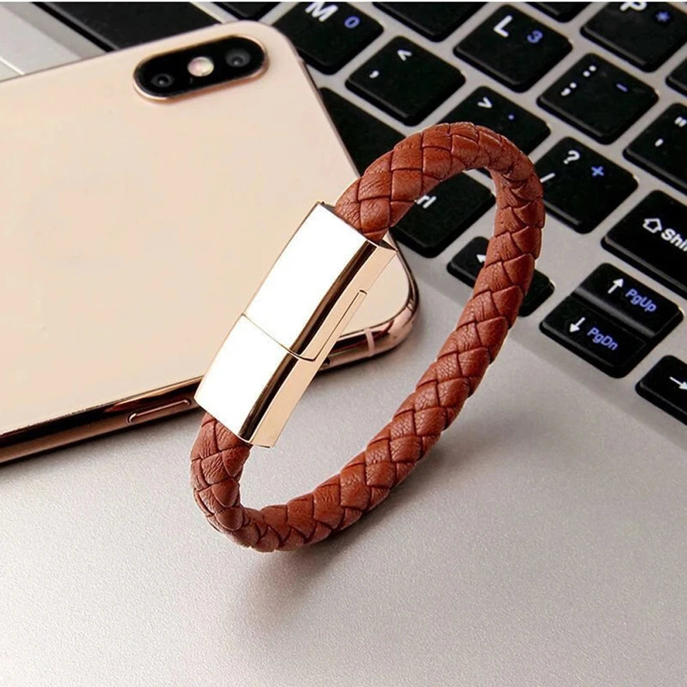 Leather Charging Bracelet: Fast Charge Type-C Data Cable for iPhone and Samsung - Ideal Gift for Him/Her