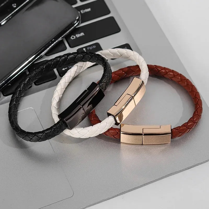 Leather Charging Bracelet: Fast Charge Type-C Data Cable for iPhone and Samsung - Ideal Gift for Him/Her