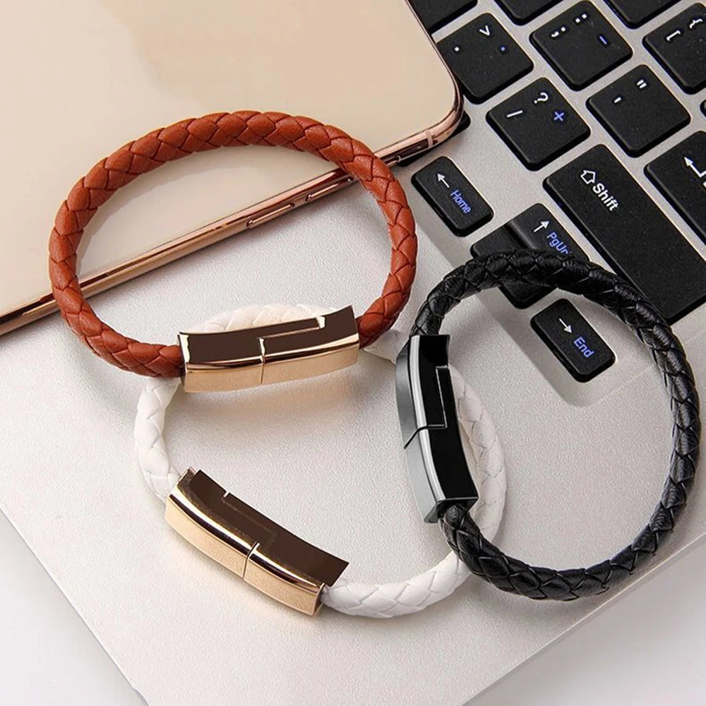 Leather Charging Bracelet: Fast Charge Type-C Data Cable for iPhone and Samsung - Ideal Gift for Him/Her