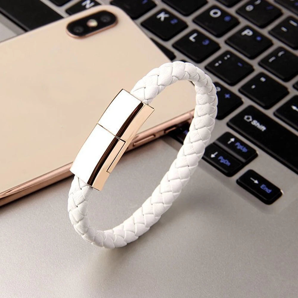 Leather Charging Bracelet: Fast Charge Type-C Data Cable for iPhone and Samsung - Ideal Gift for Him/Her